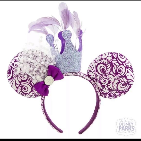Disney Parks Minnie Mouse Ear Headband - Crown and Feathers Jubilee Purple Ears - Picture 1 of 2